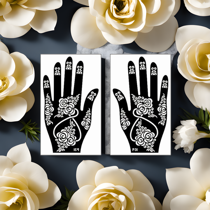 Pochoirs en forme de main pour l'art du henné encadrés et présentés avec des motifs floraux sur un fond gris.