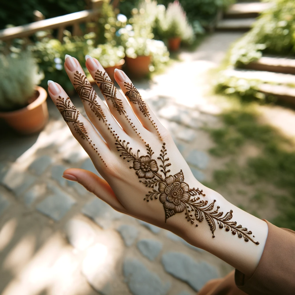 Main délicatement décorée de motifs de henné avec des fleurs et des motifs linéaires, sur fond de jardin verdoyant.