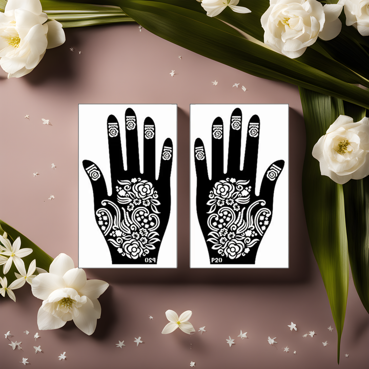 ochoirs de tatouage mains au henné, parfaits pour créer des motifs détaillés, encadrés de nature et de beauté.