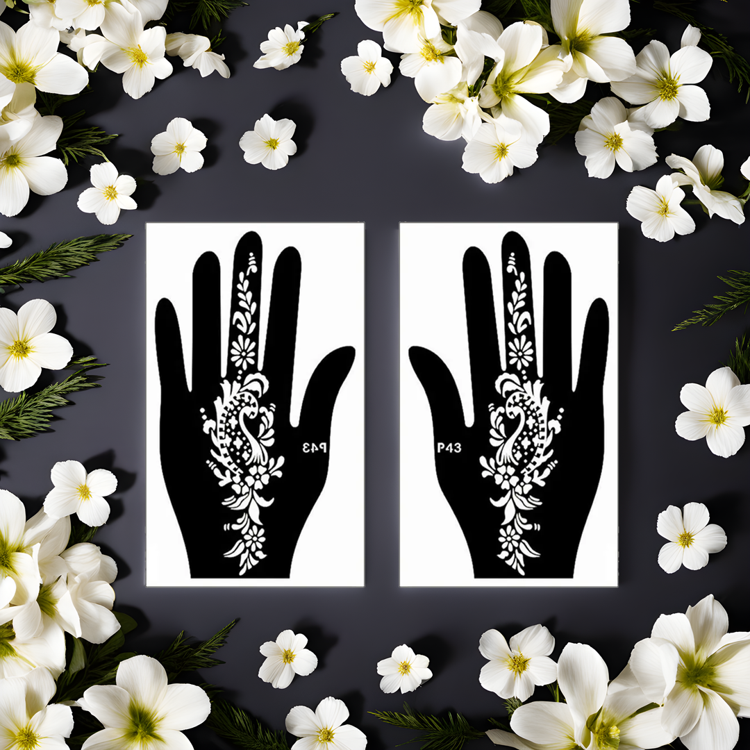 Élégants pochoirs de henné pour tatouages temporaires, présentés dans un cadre floral sur un fond subtil pour une inspiration artistique.