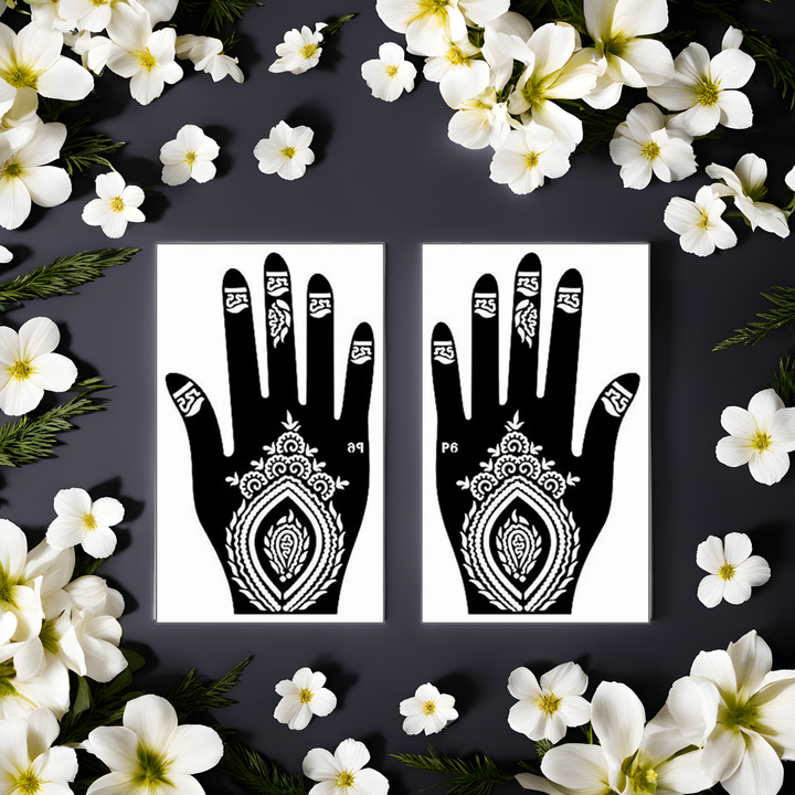 Affichage créatif de pochoirs pour tatouages au henné, style main, entourés de fleurs de printemps sur fond neutre.
