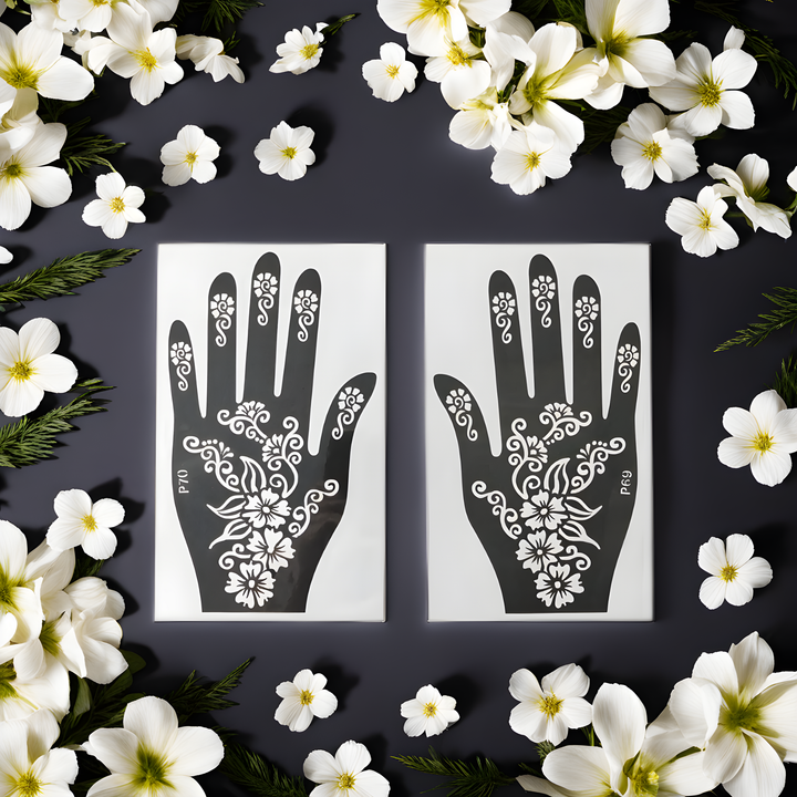 Pochoirs de tatouage au henné représentant des mains sur fond artistique avec des fleurs blanches.